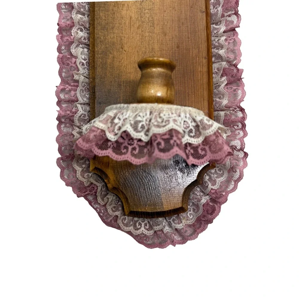 Vintage Handmade Wood Wall Sconce Pink White Ruffled Lace Candle Holder 15x5
